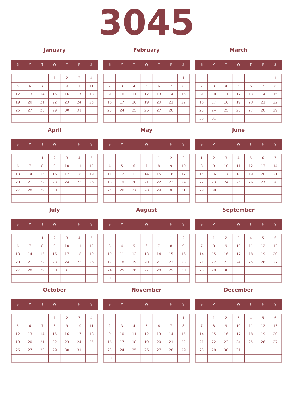 Printable 3045 Year Calendars cordovan