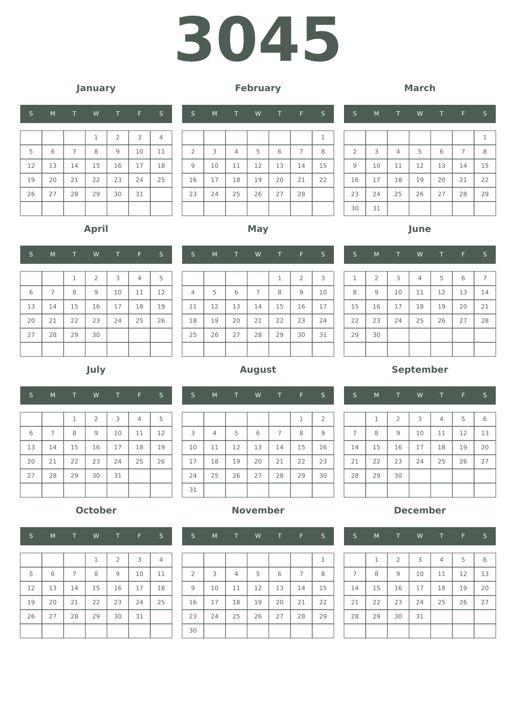 Printable 3045 Year Calendars feldgrau