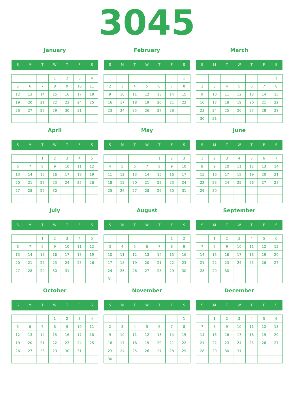 Printable 3045 Year Calendars green