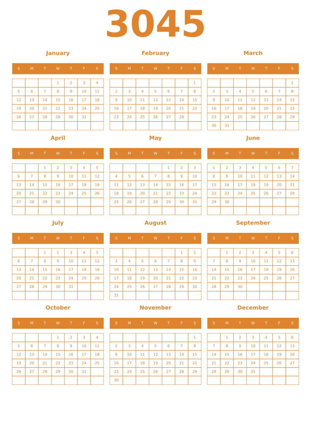 Printable 3045 Year Calendars orange