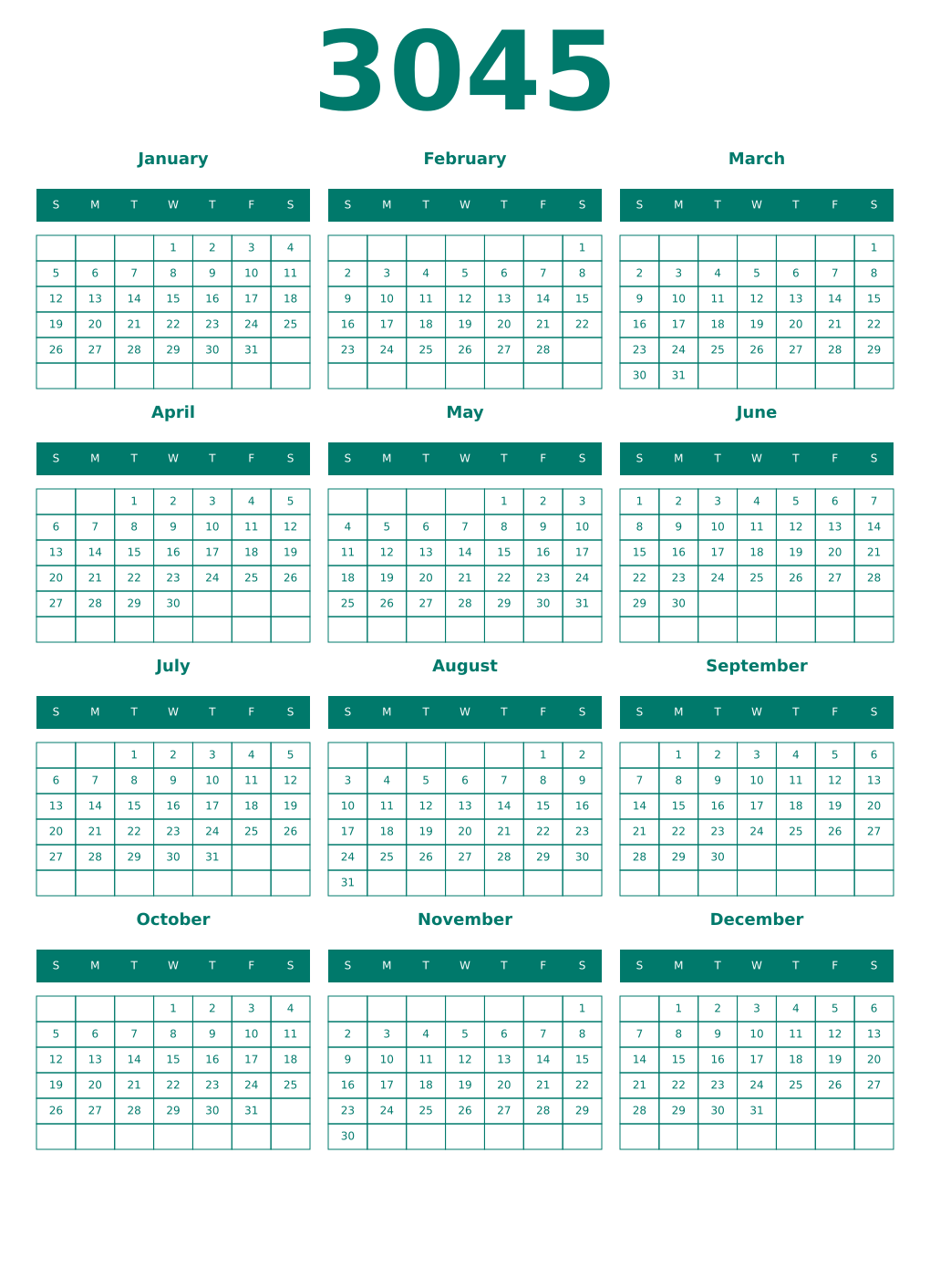 Printable 3045 Year Calendars pastel