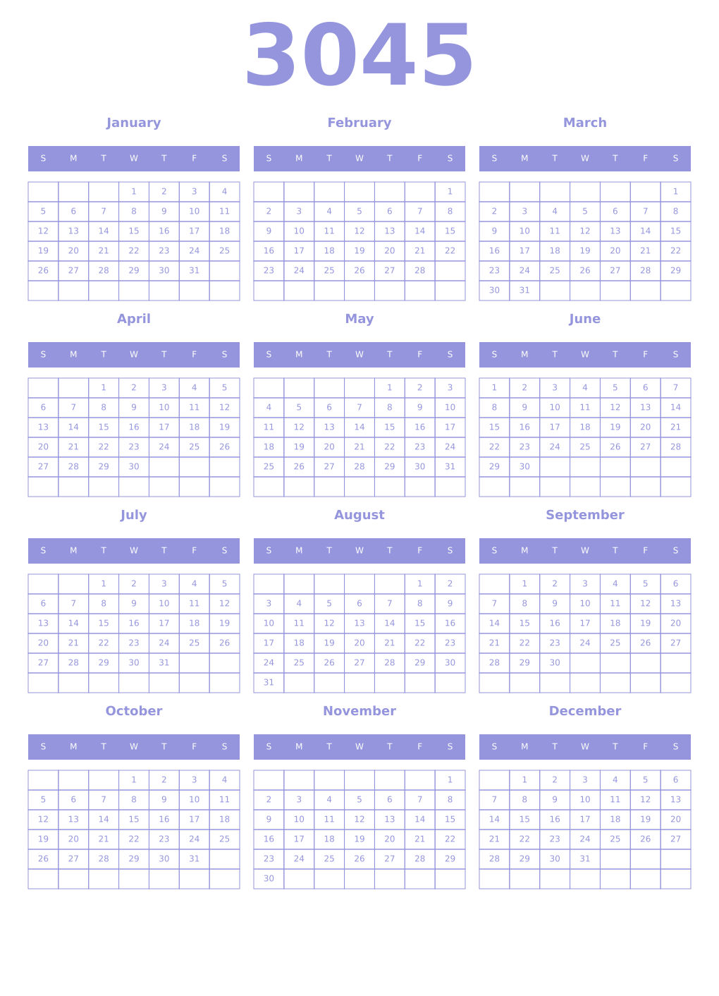 Printable 3045 Year Calendars periwinkle