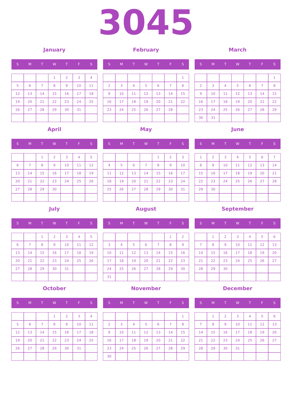 Printable 3045 Year Calendars purple