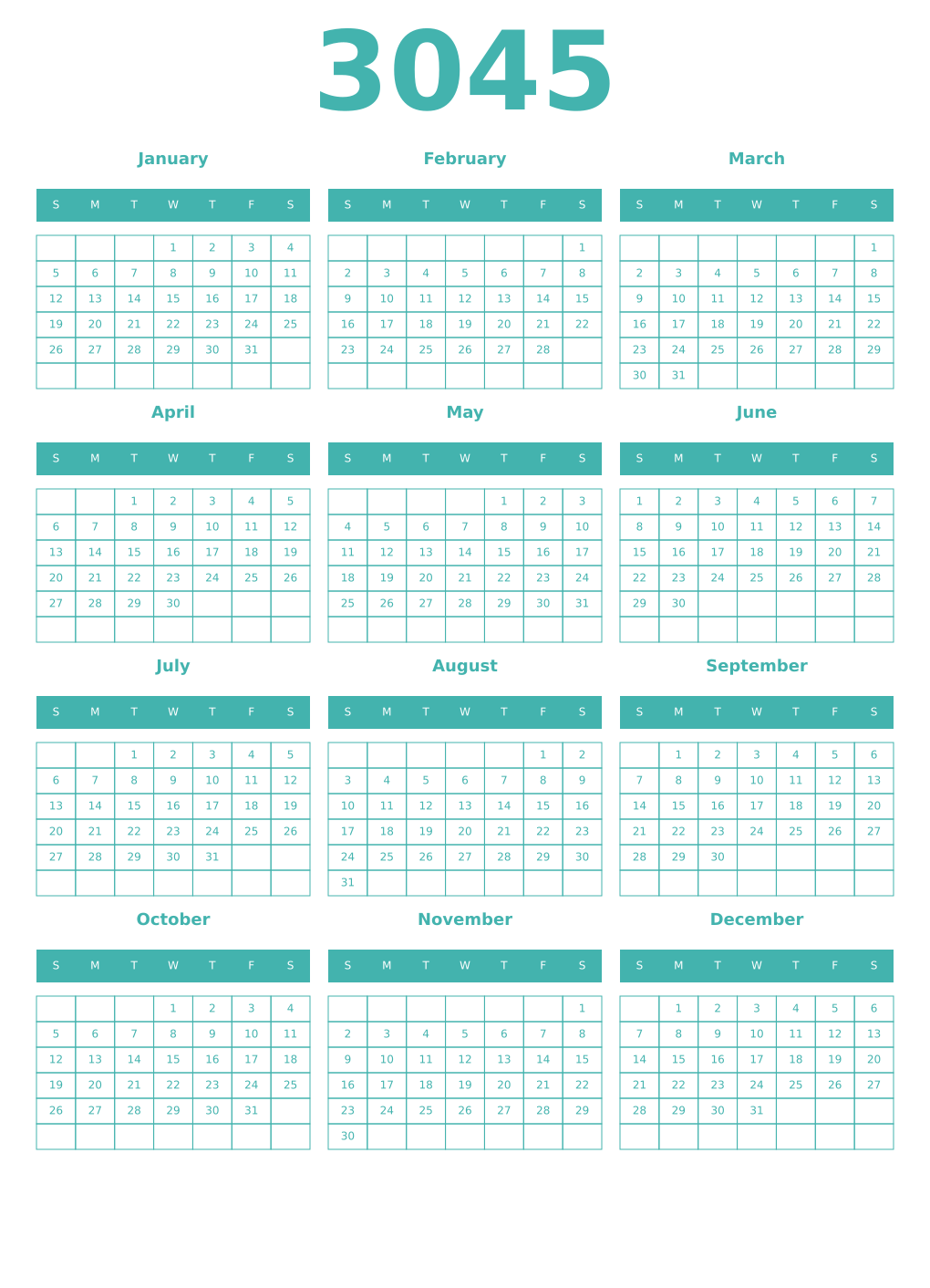 Printable 3045 Year Calendars verdigris