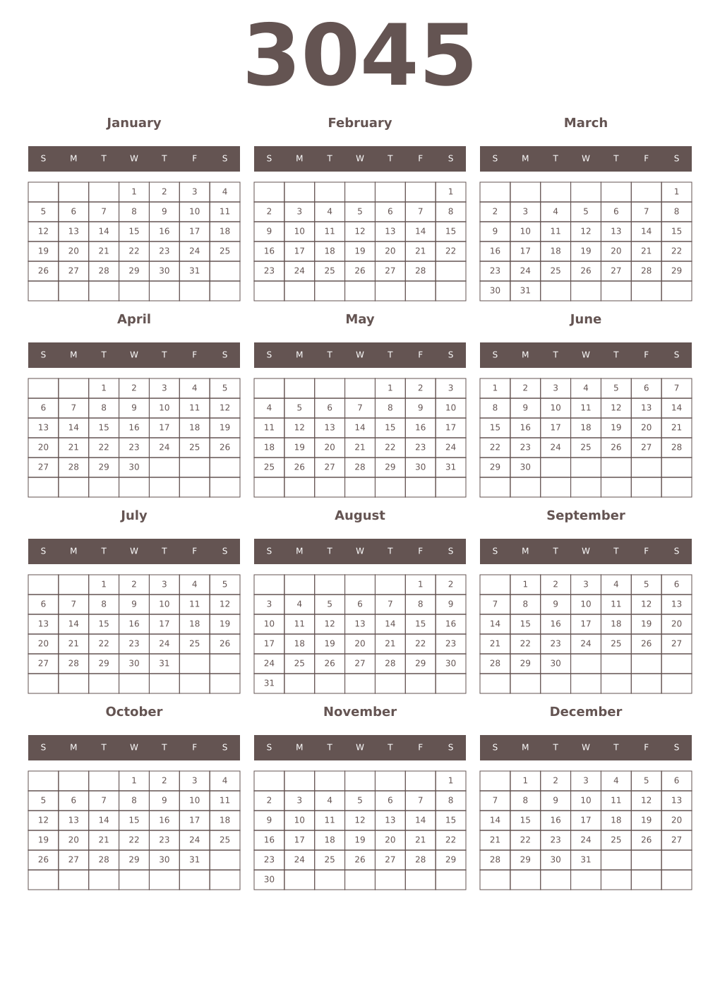 Printable 3045 Year Calendars wenge