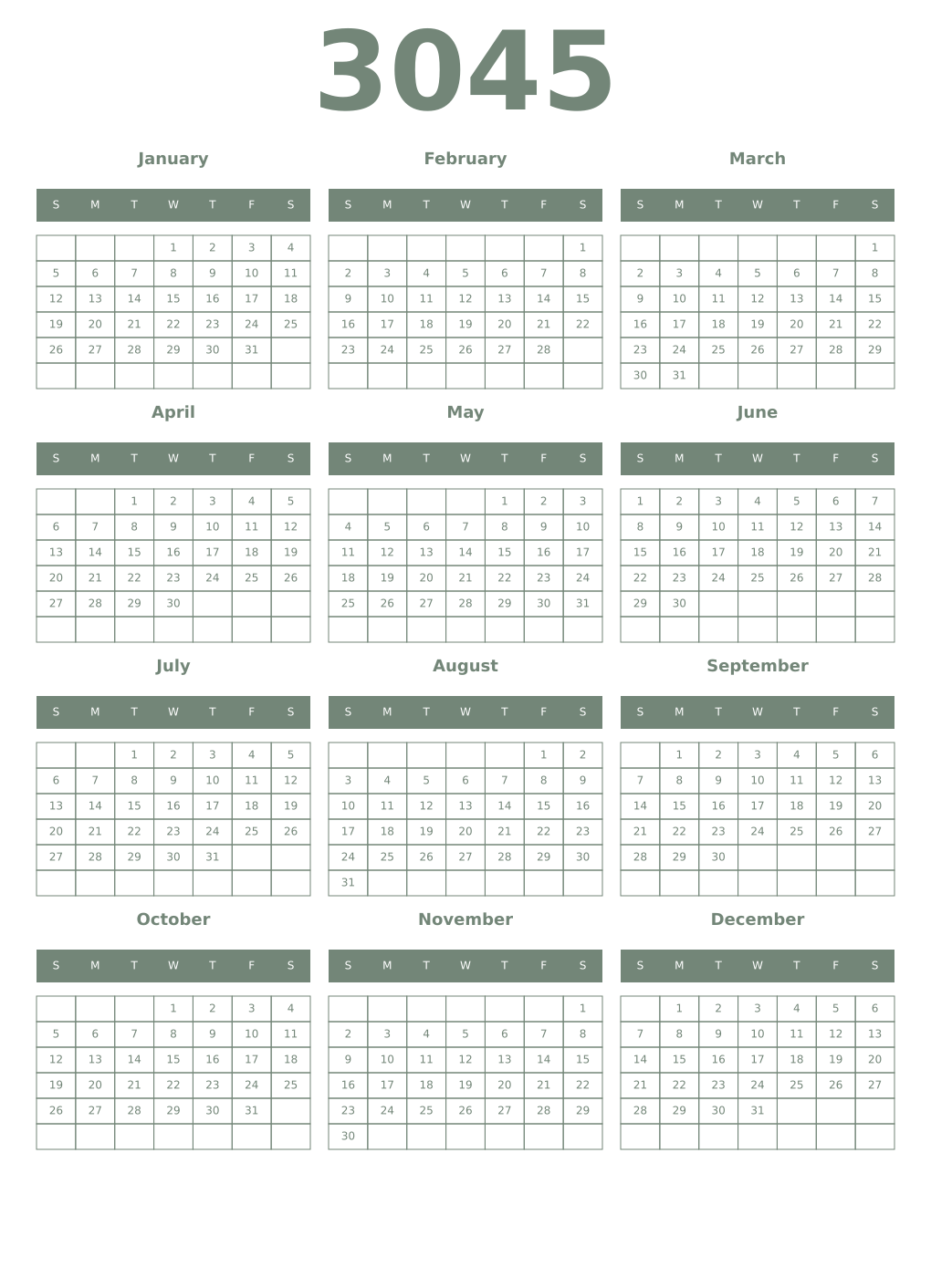 Printable 3045 Year Calendars xanadu