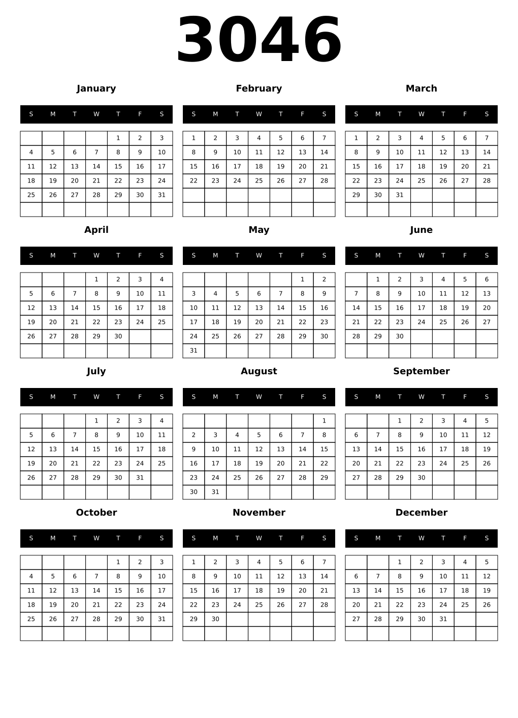 Printable 3046 Year Calendars black