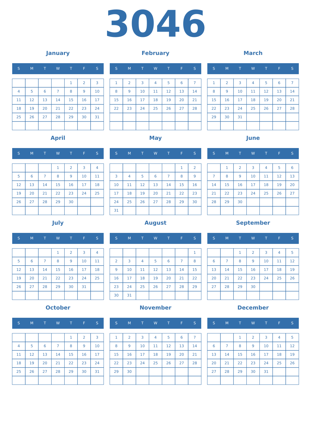 Printable 3046 Year Calendars blue