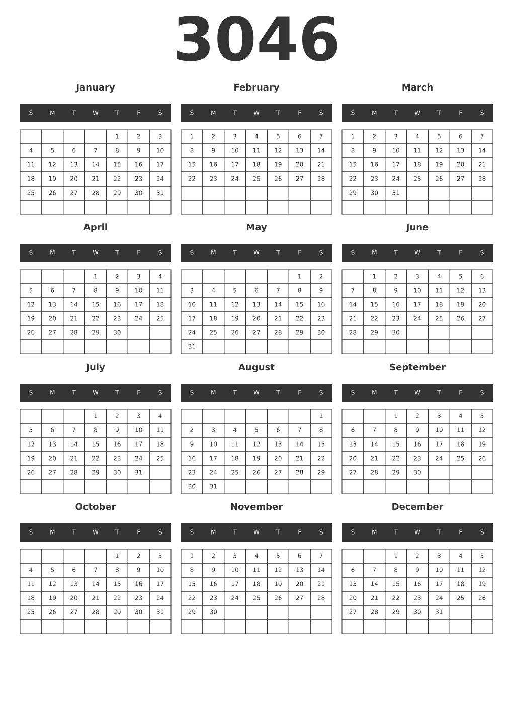 Printable 3046 Year Calendars dark