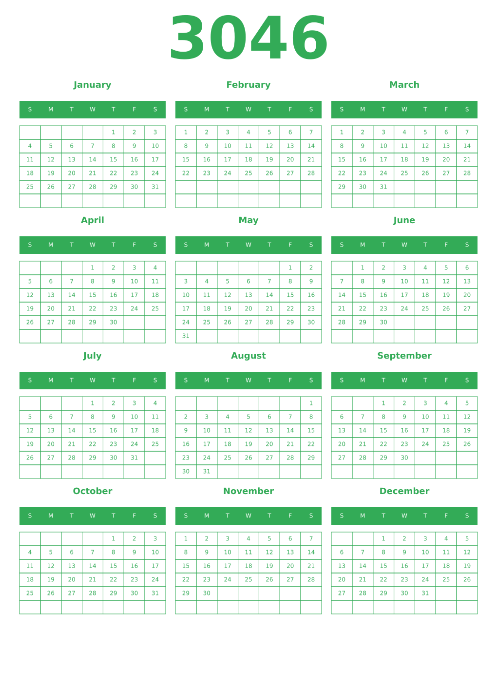 Printable 3046 Year Calendars green