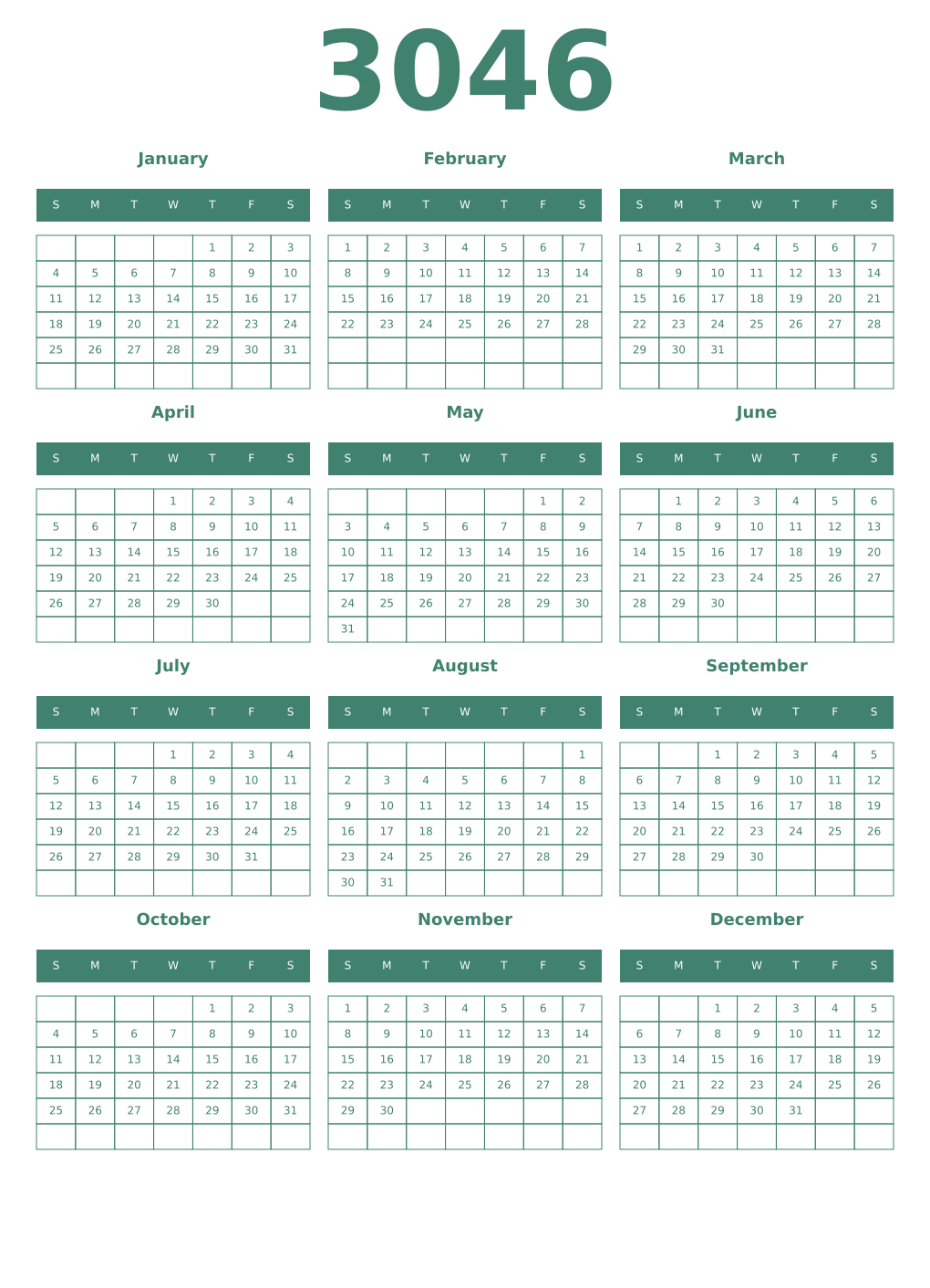 Printable 3046 Year Calendars viridian