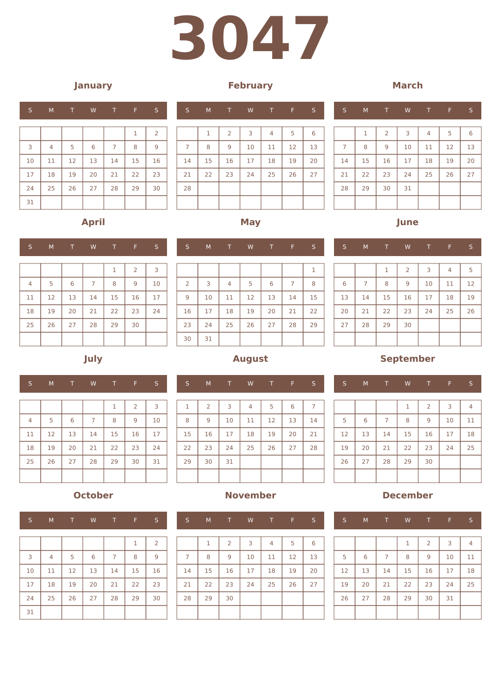 Printable 3047 Year Calendars coffe
