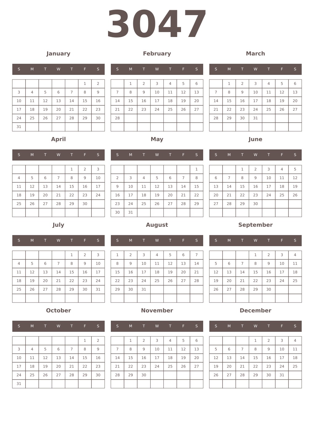 Printable 3047 Year Calendars wenge