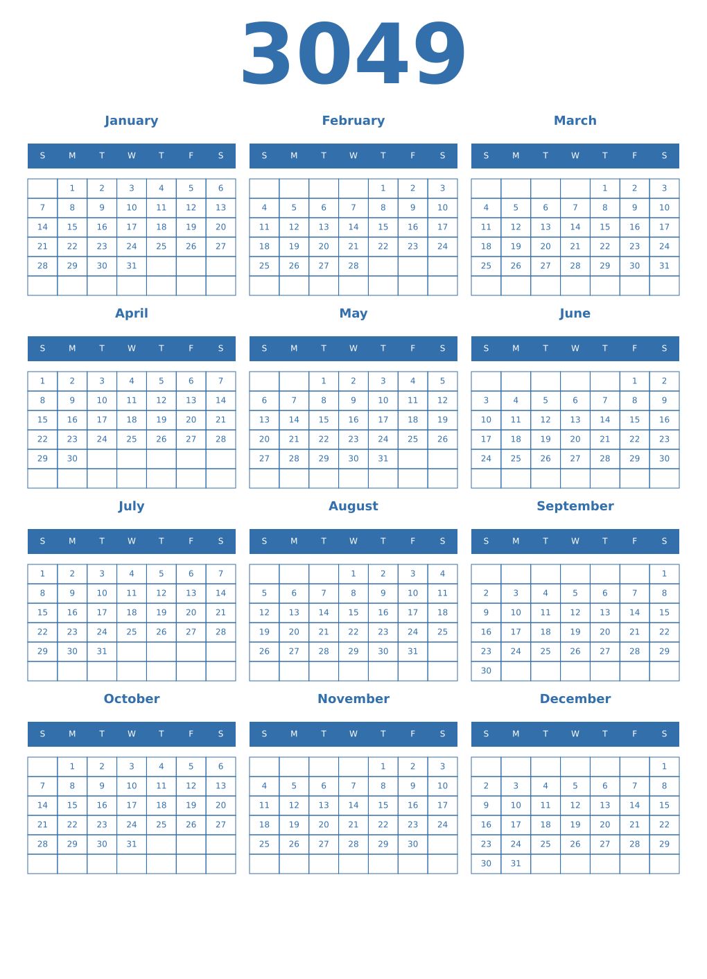 Printable 3049 Year Calendars blue