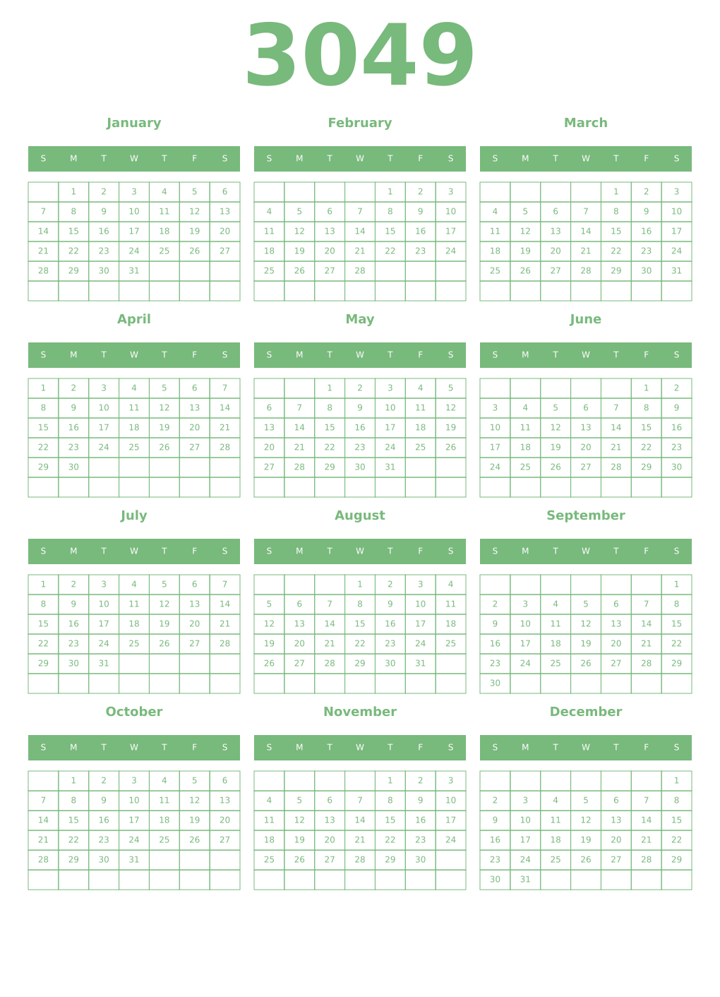 Printable 3049 Year Calendars celadon