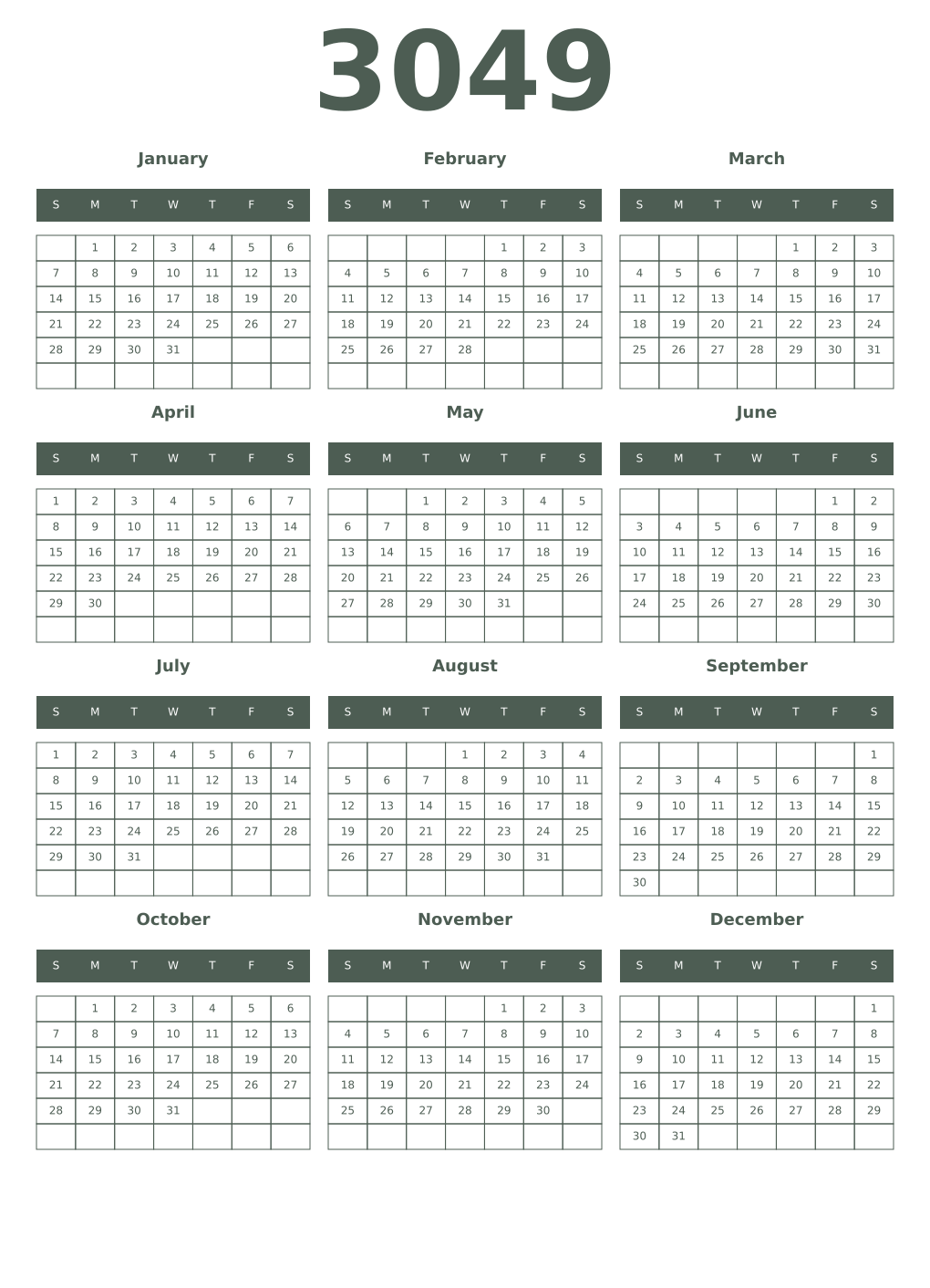 Printable 3049 Year Calendars feldgrau