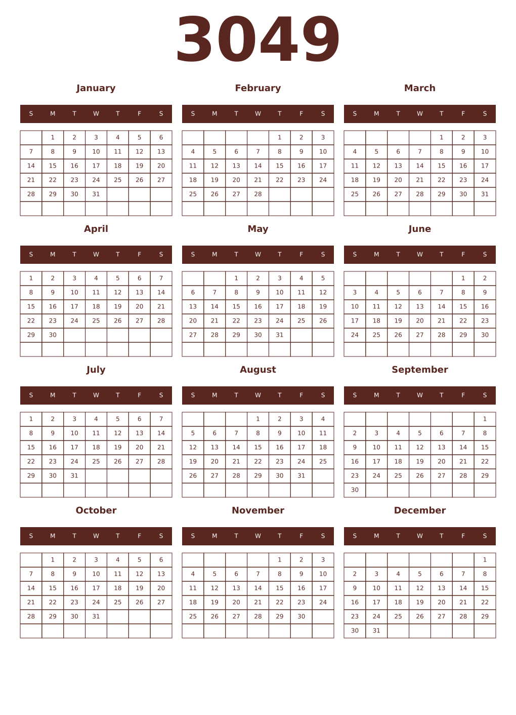 Printable 3049 Year Calendars mortuum