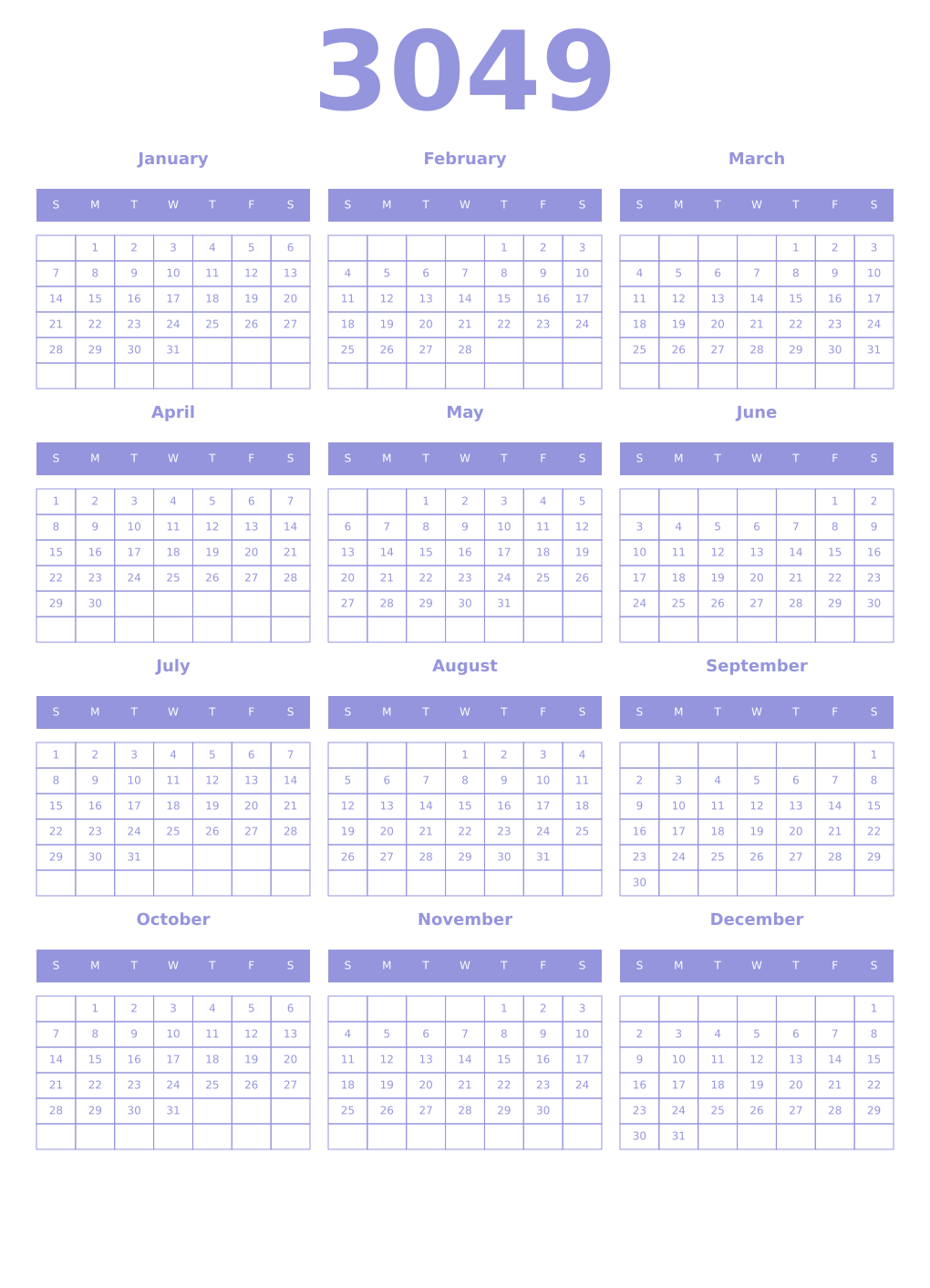 Printable 3049 Year Calendars periwinkle