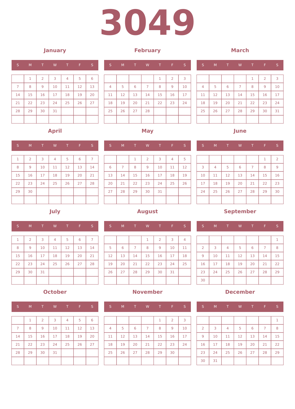Printable 3049 Year Calendars puce