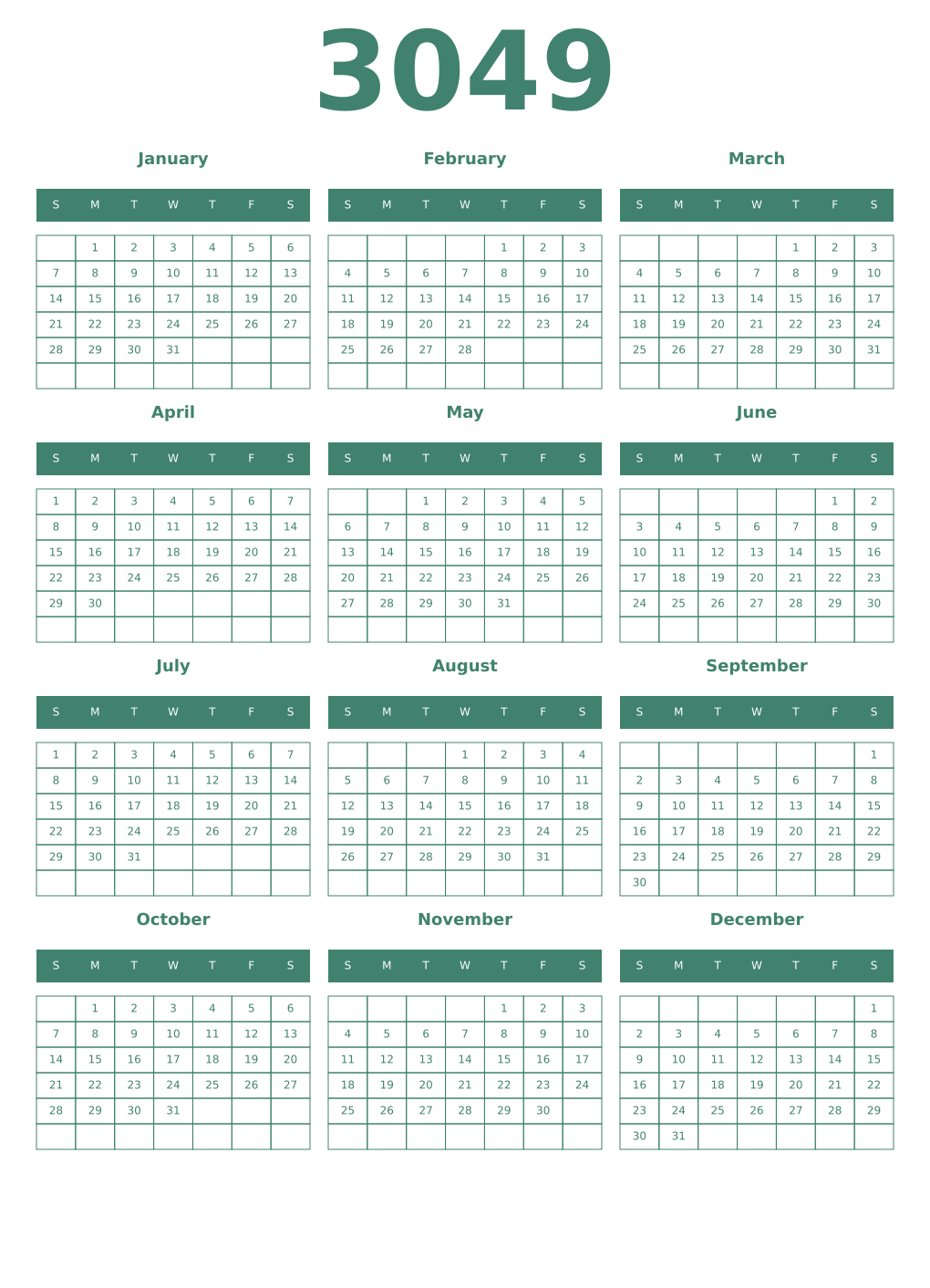Printable 3049 Year Calendars viridian