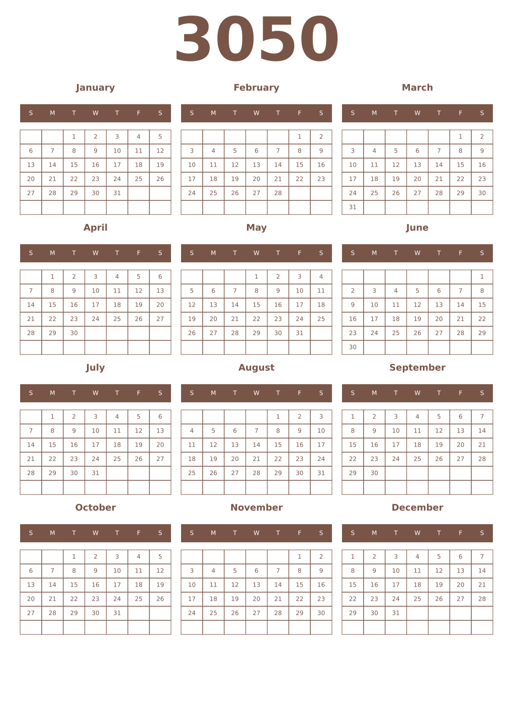 Printable 3050 Year Calendars coffe