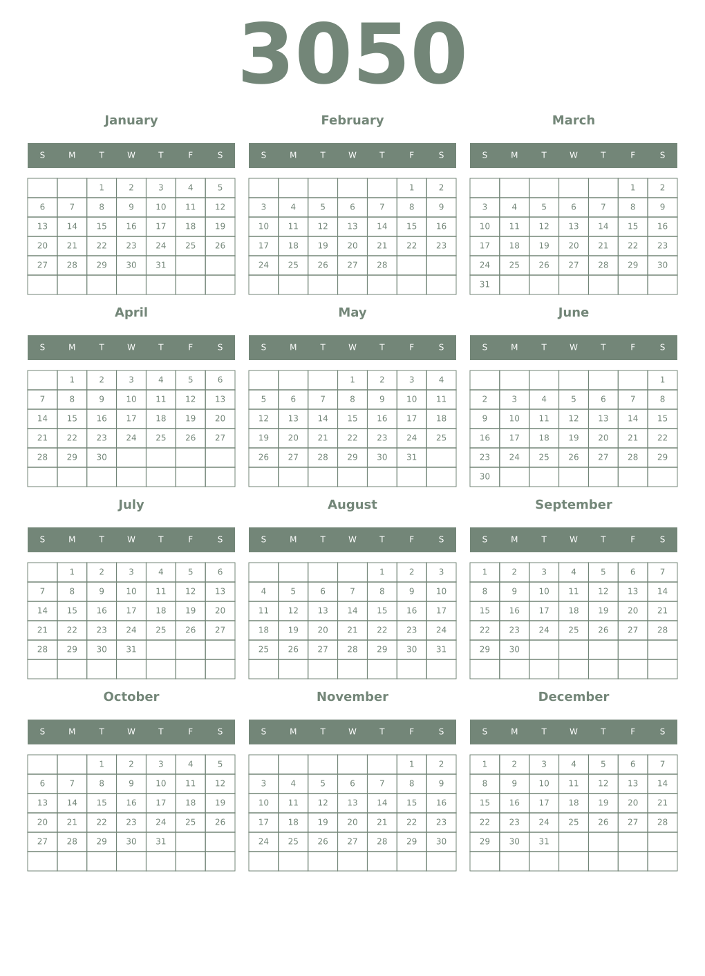 Printable 3050 Year Calendars xanadu