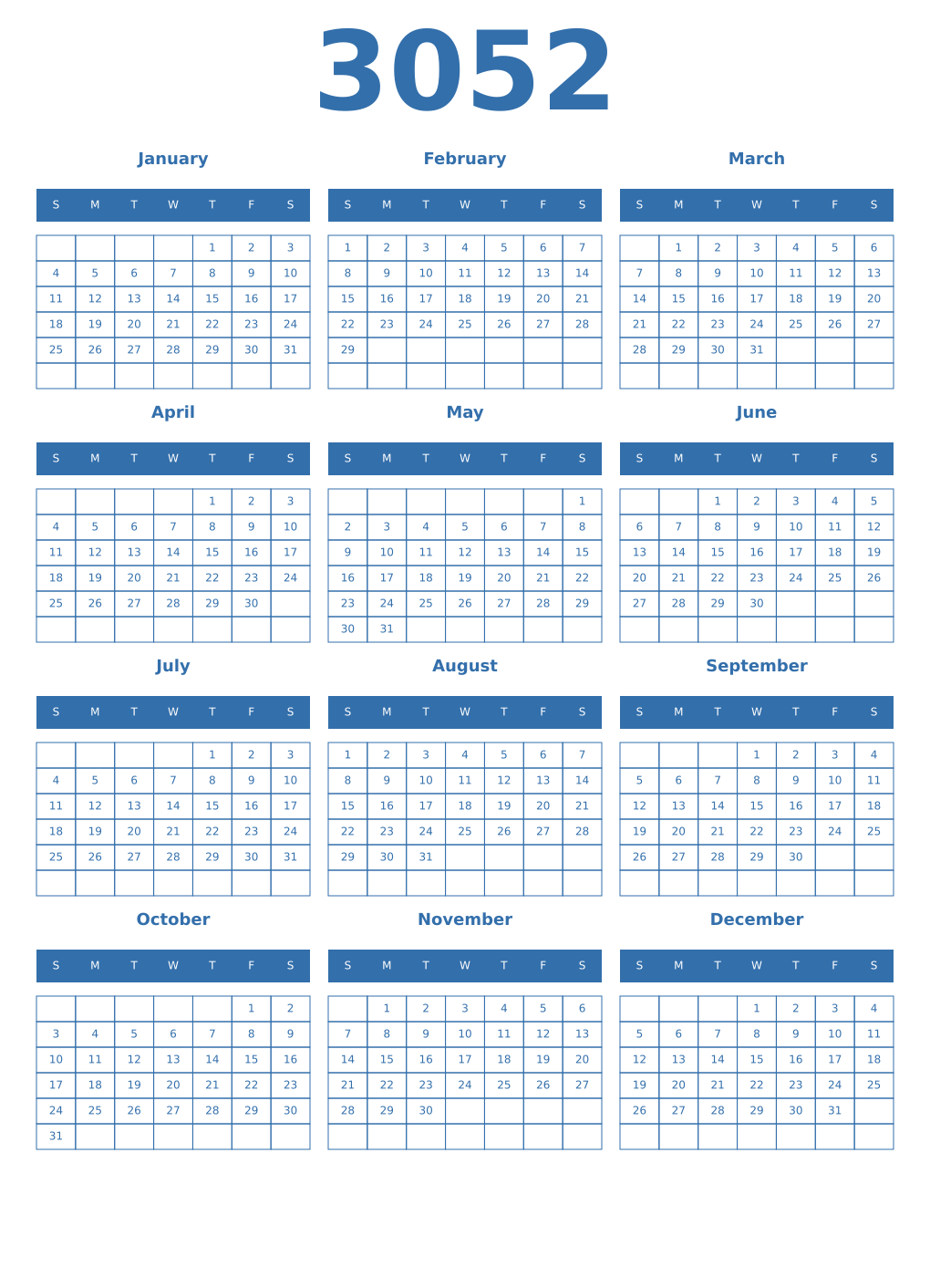 Printable 3052 Year Calendars blue