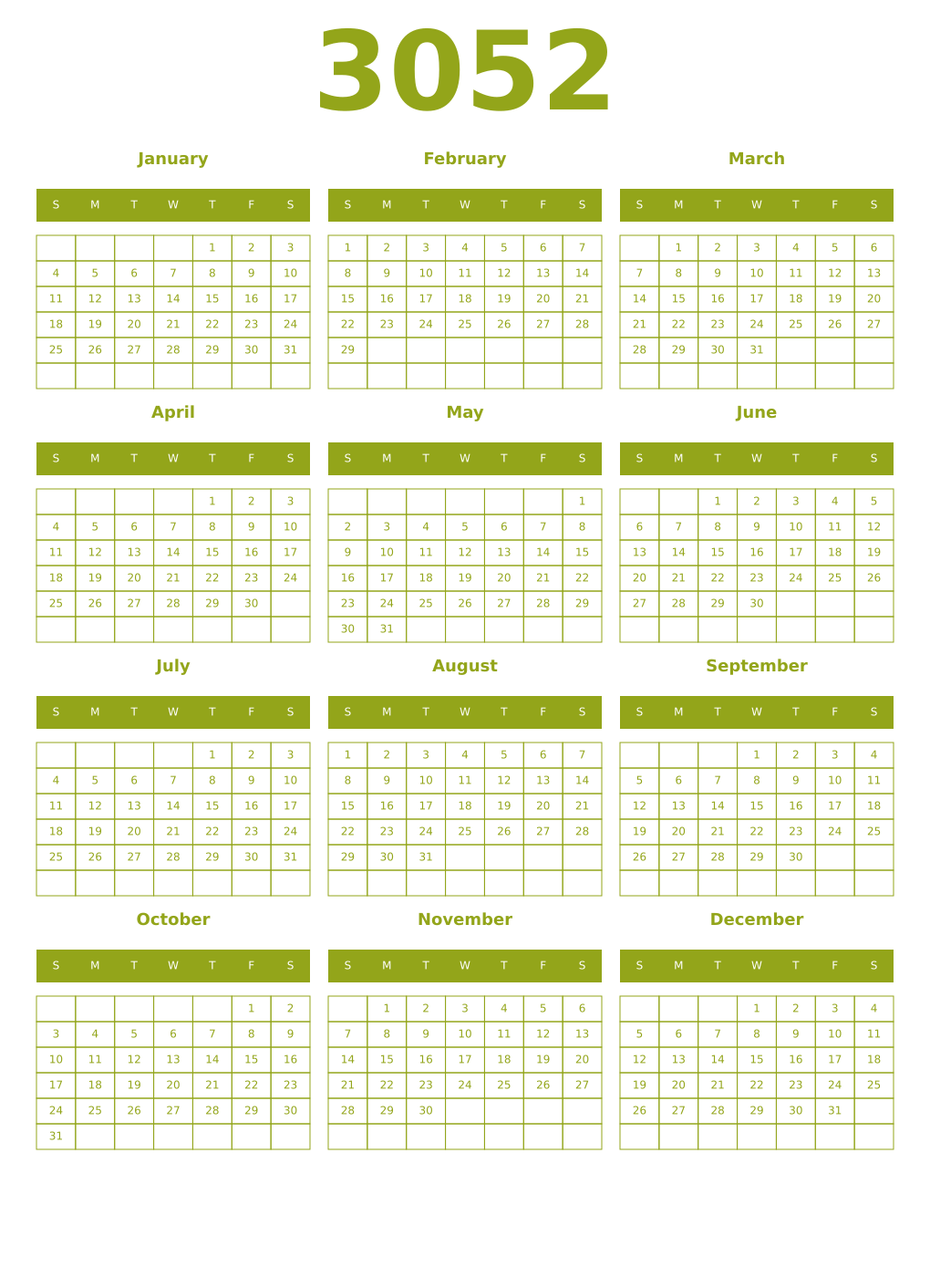 Printable 3052 Year Calendars chartreuse