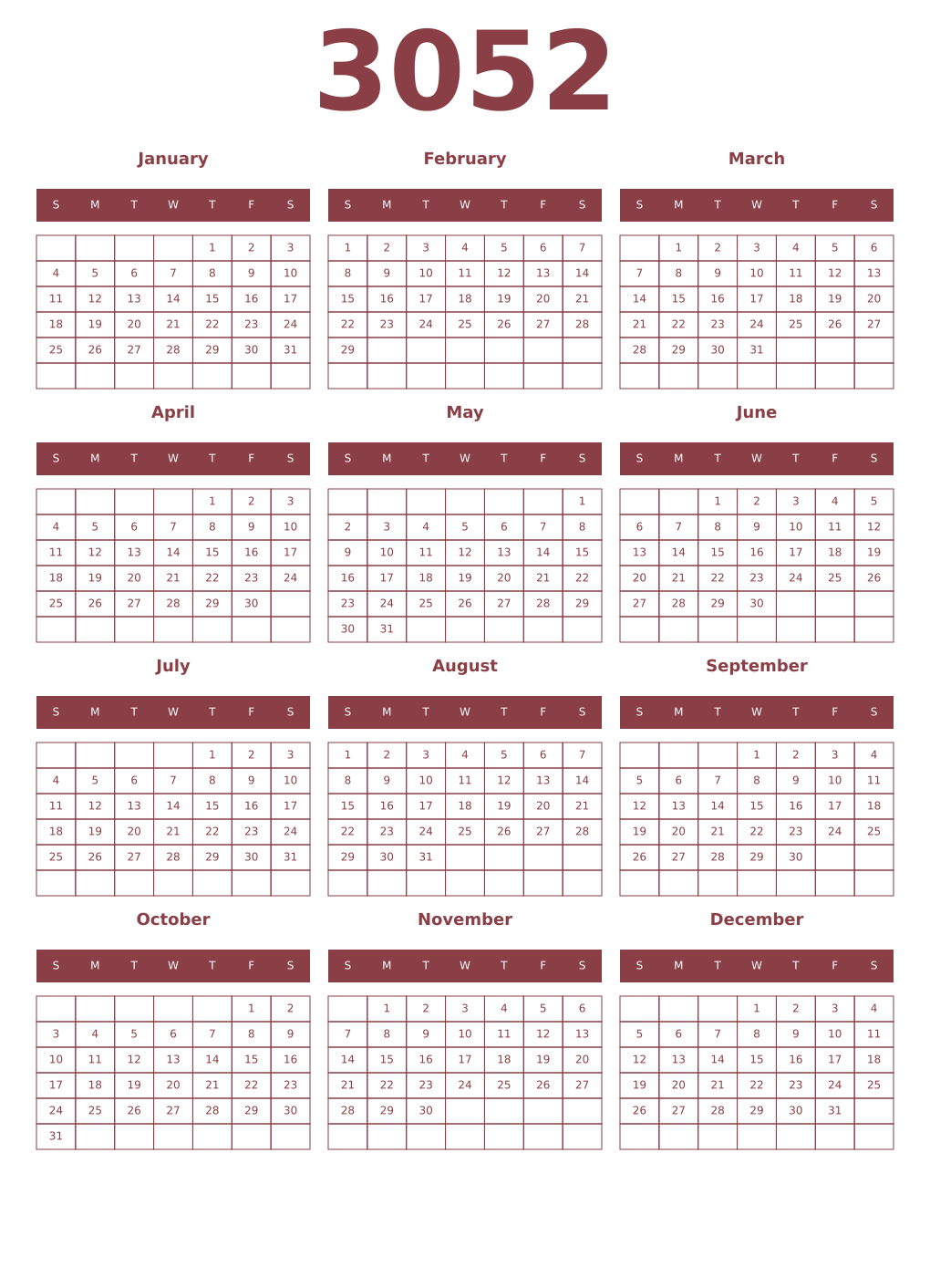 Printable 3052 Year Calendars cordovan