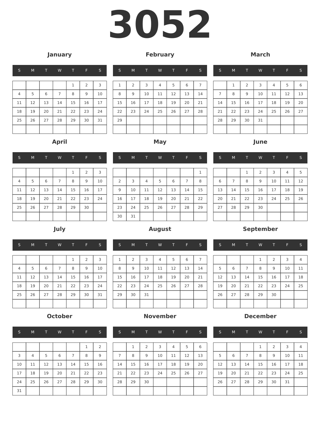 Printable 3052 Year Calendars dark