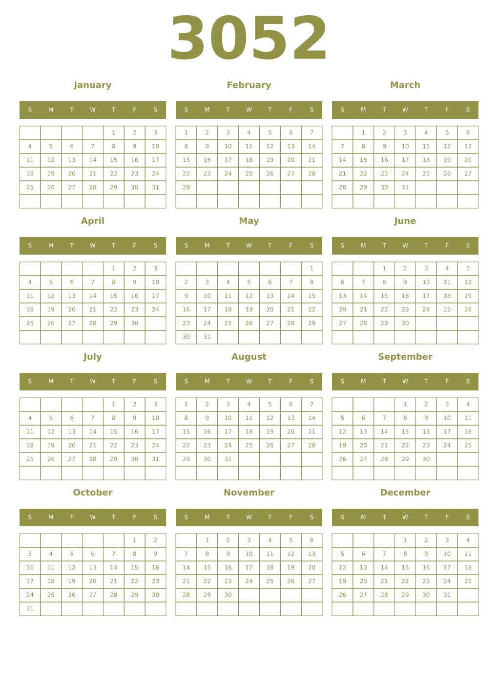Printable 3052 Year Calendars eburnean