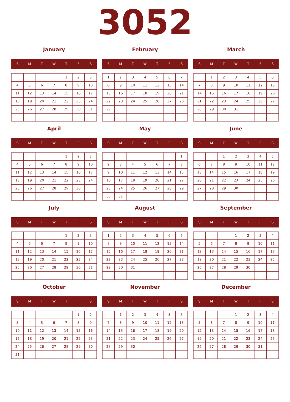 Printable 3052 Year Calendars falu