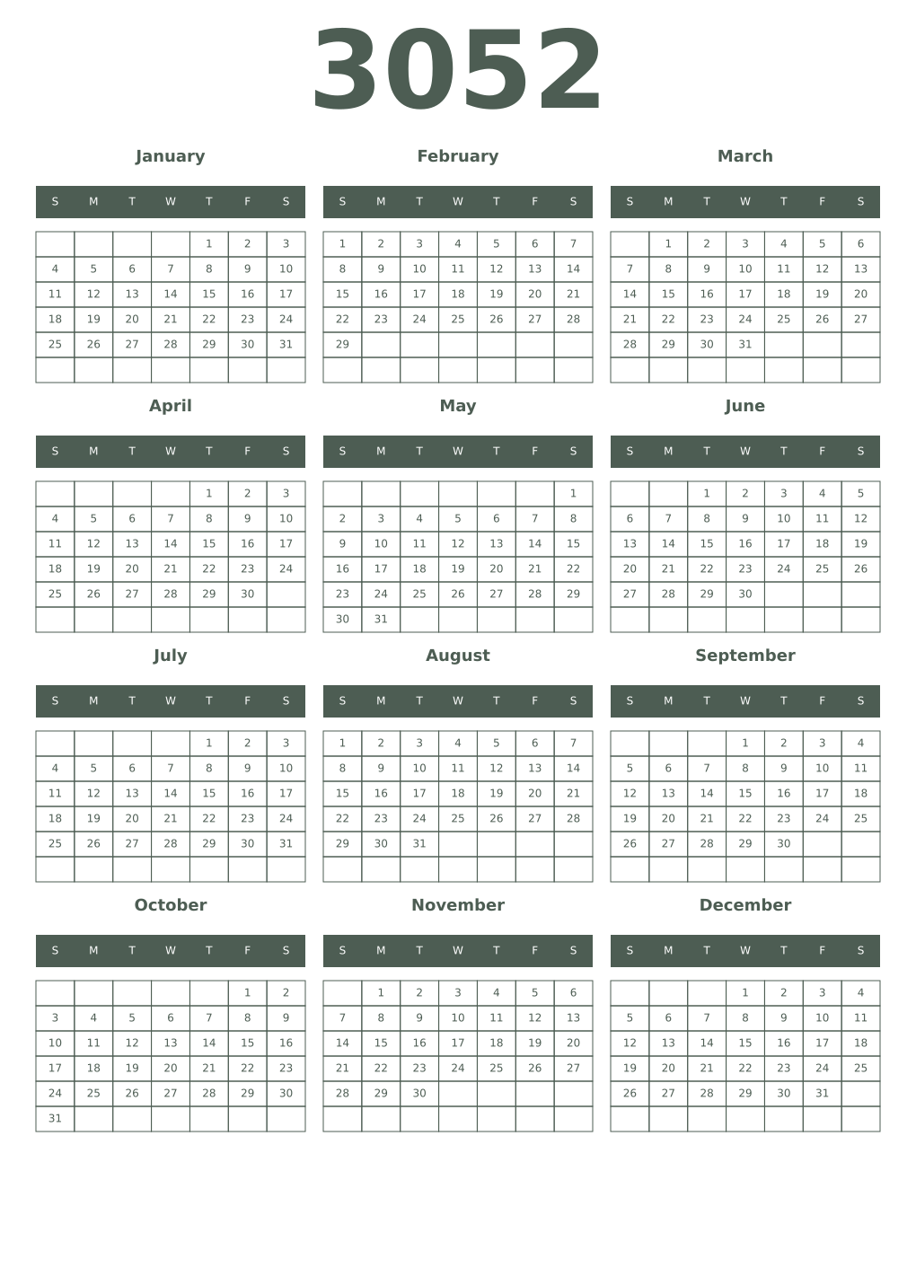Printable 3052 Year Calendars feldgrau