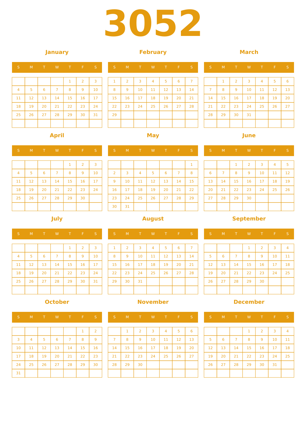 Printable 3052 Year Calendars gamboge