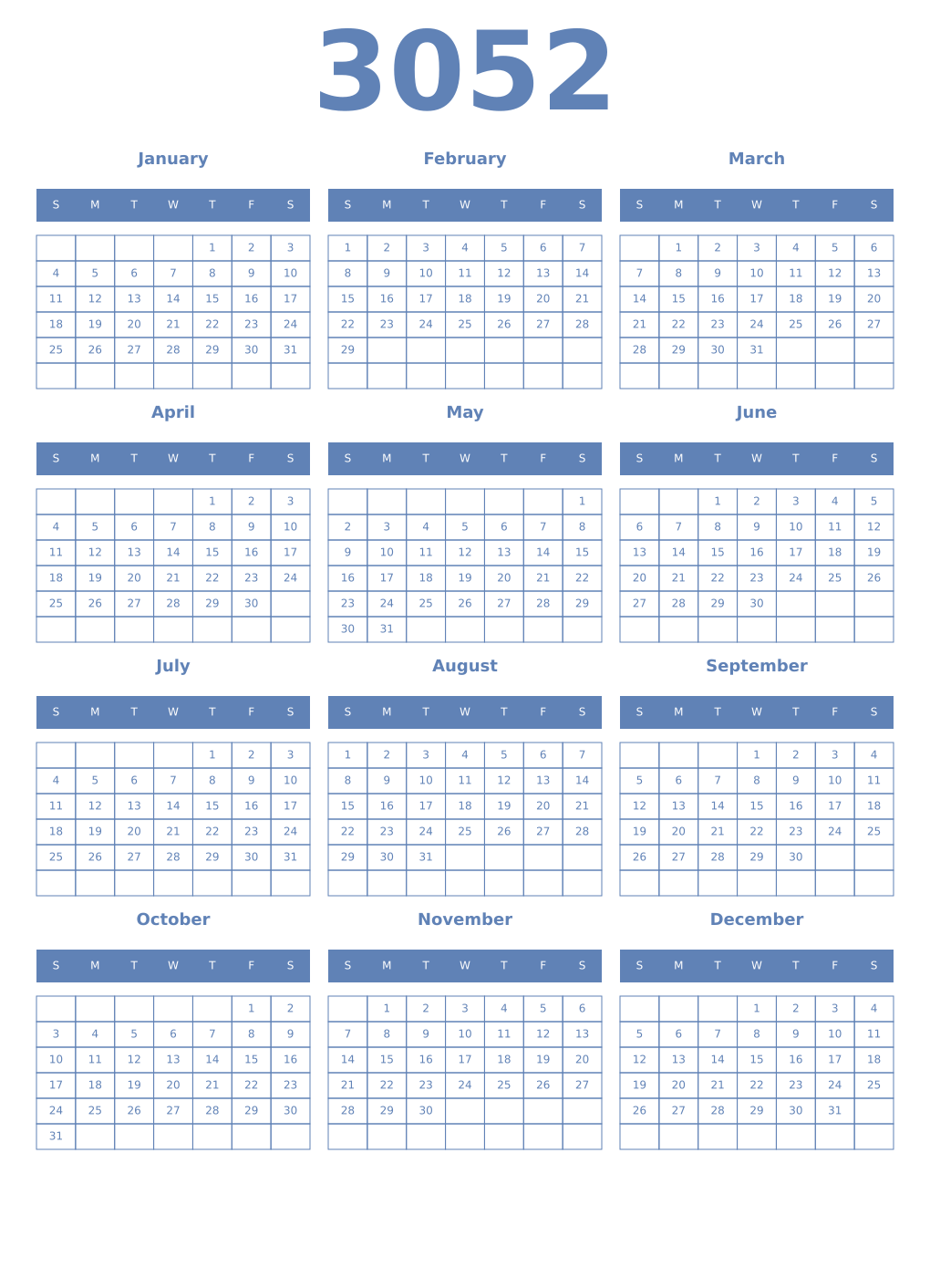 Printable 3052 Year Calendars glaucous