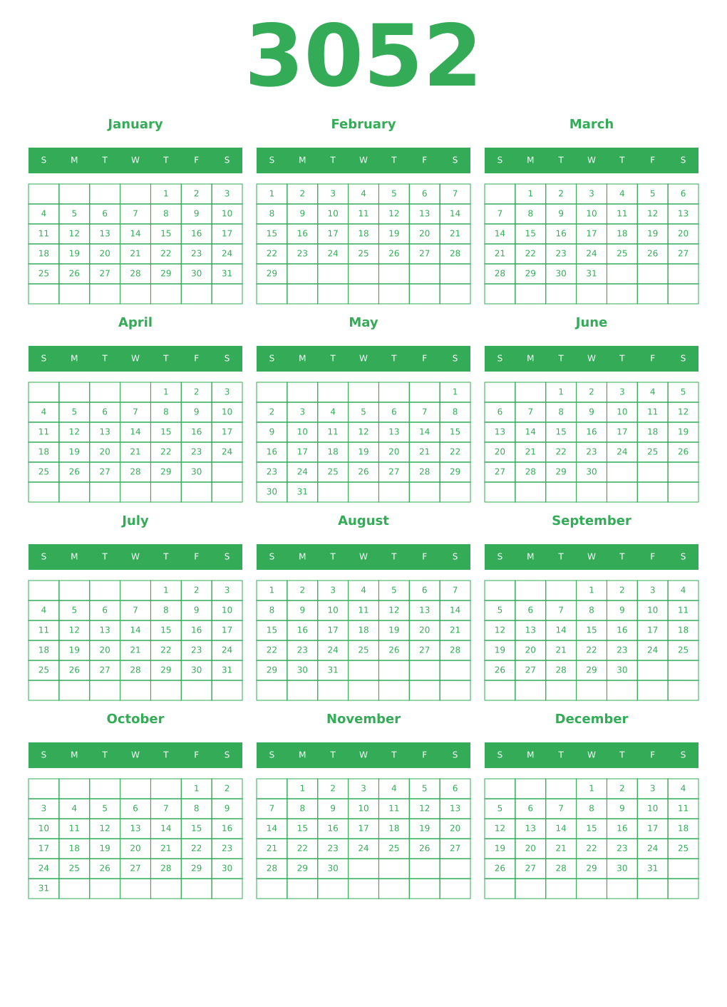 Printable 3052 Year Calendars green