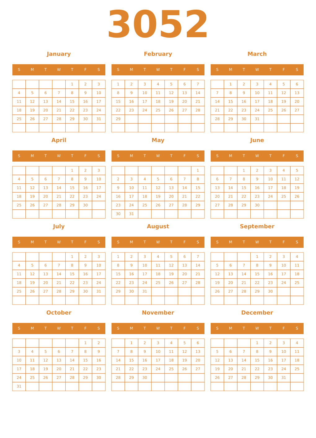 Printable 3052 Year Calendars orange