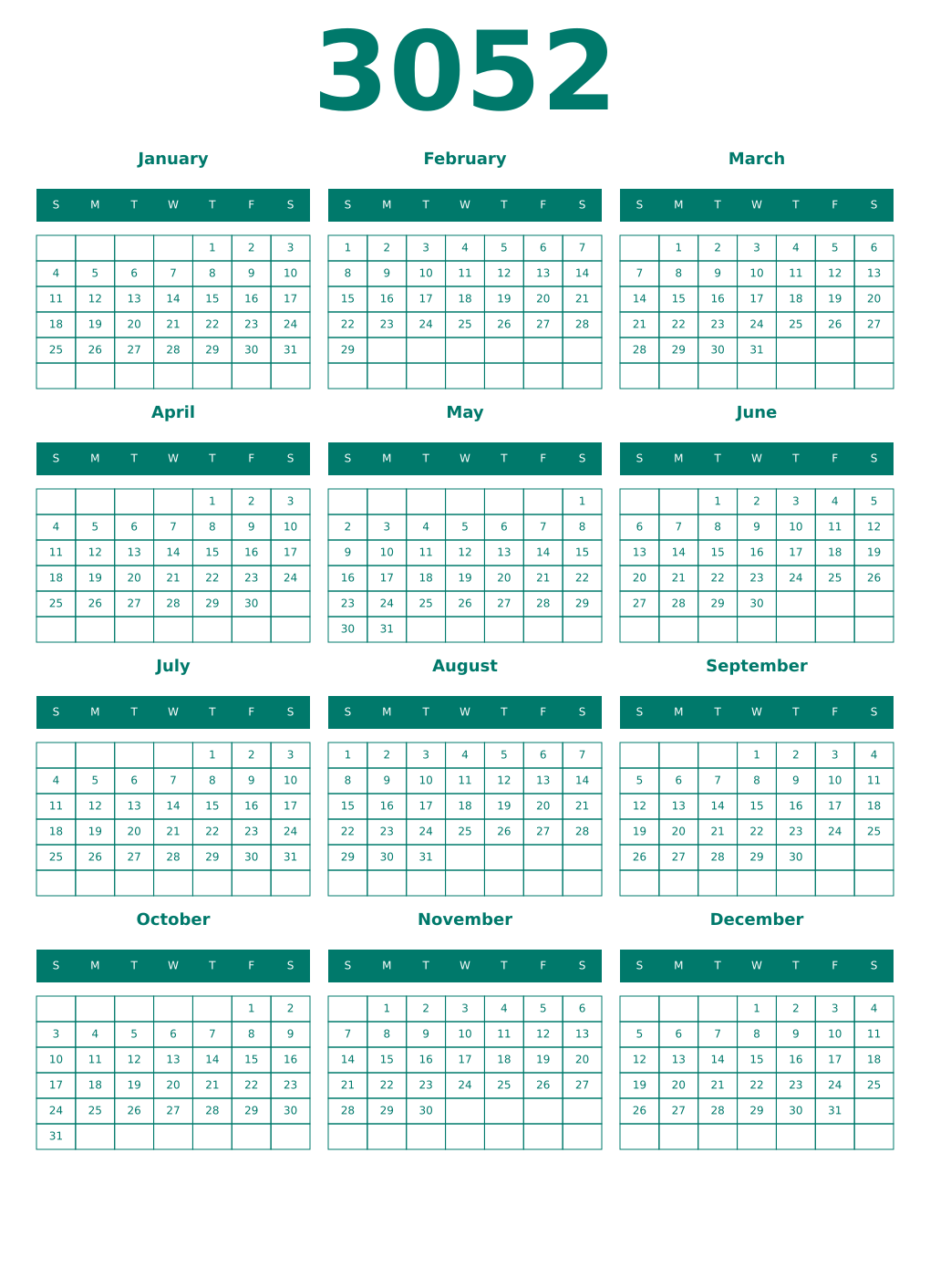 Printable 3052 Year Calendars pastel