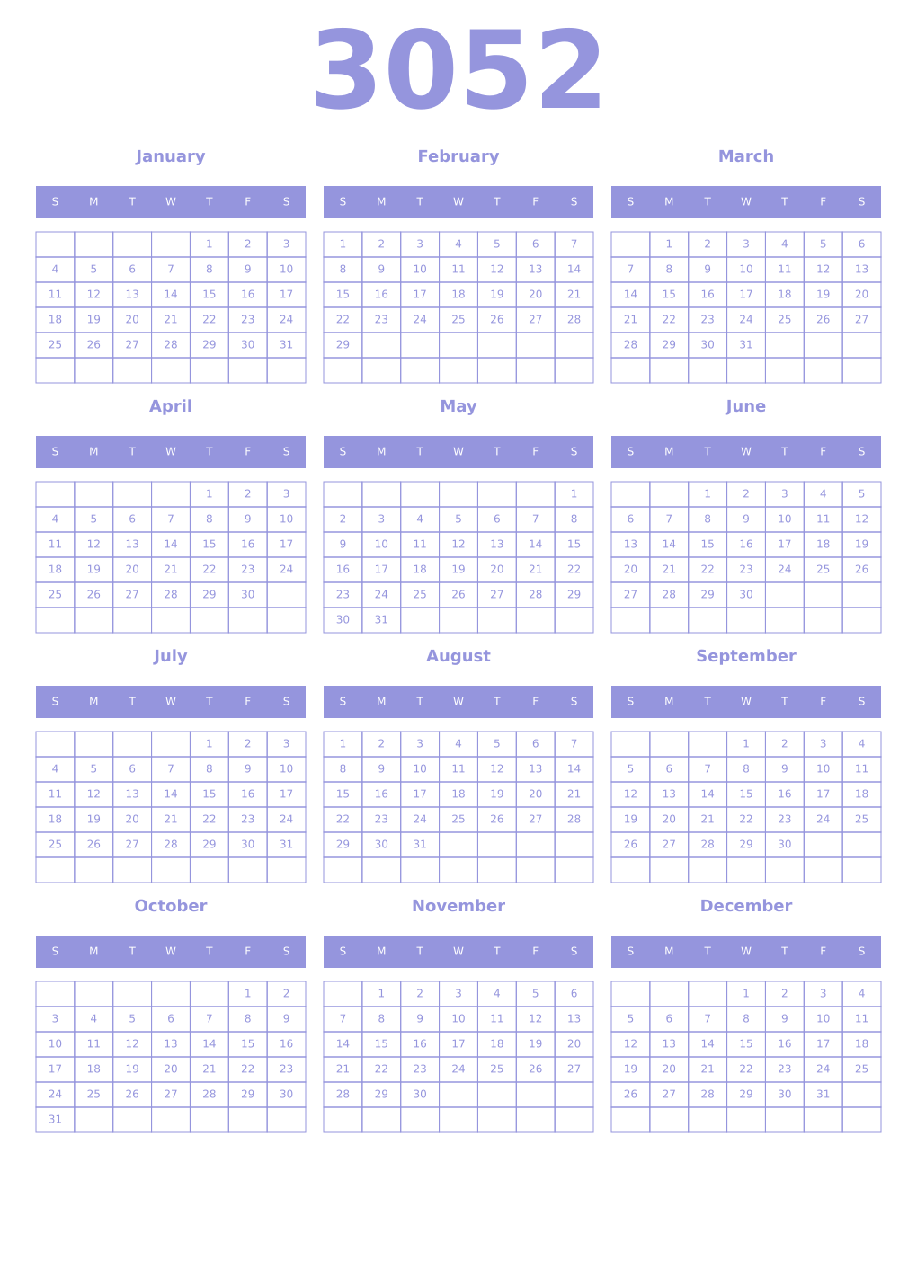 Printable 3052 Year Calendars periwinkle