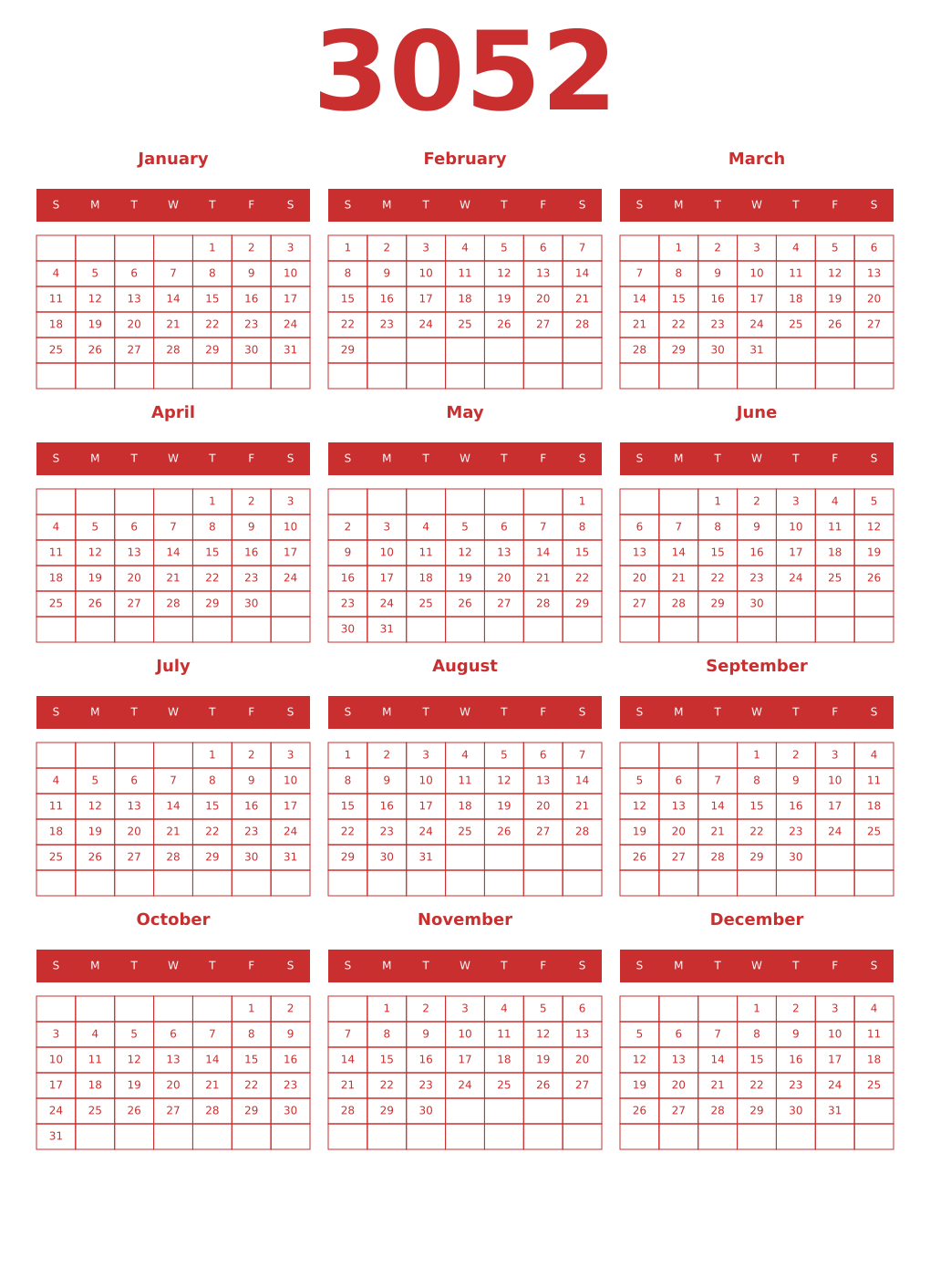 Printable 3052 Year Calendars red