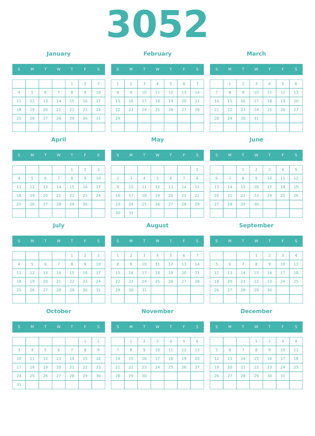 Printable 3052 Year Calendars verdigris
