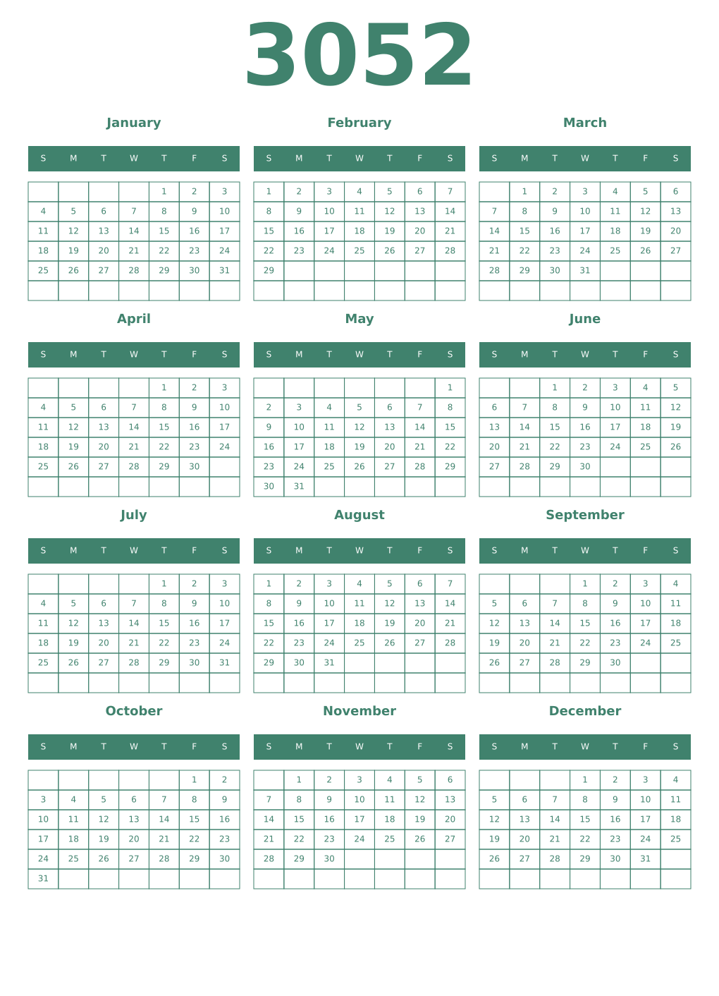 Printable 3052 Year Calendars viridian