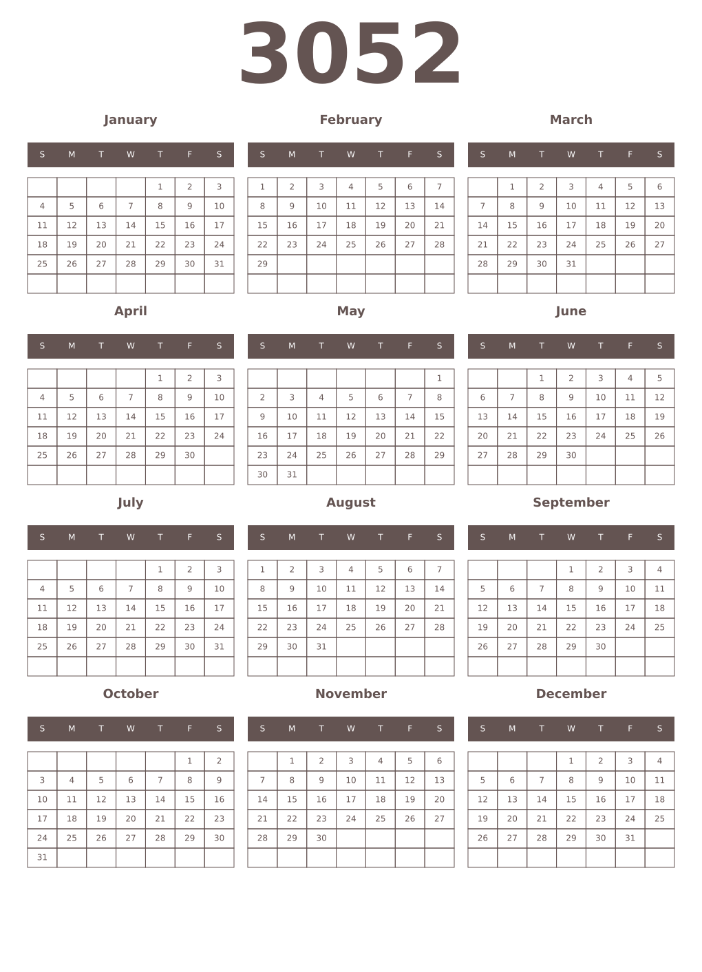 Printable 3052 Year Calendars wenge