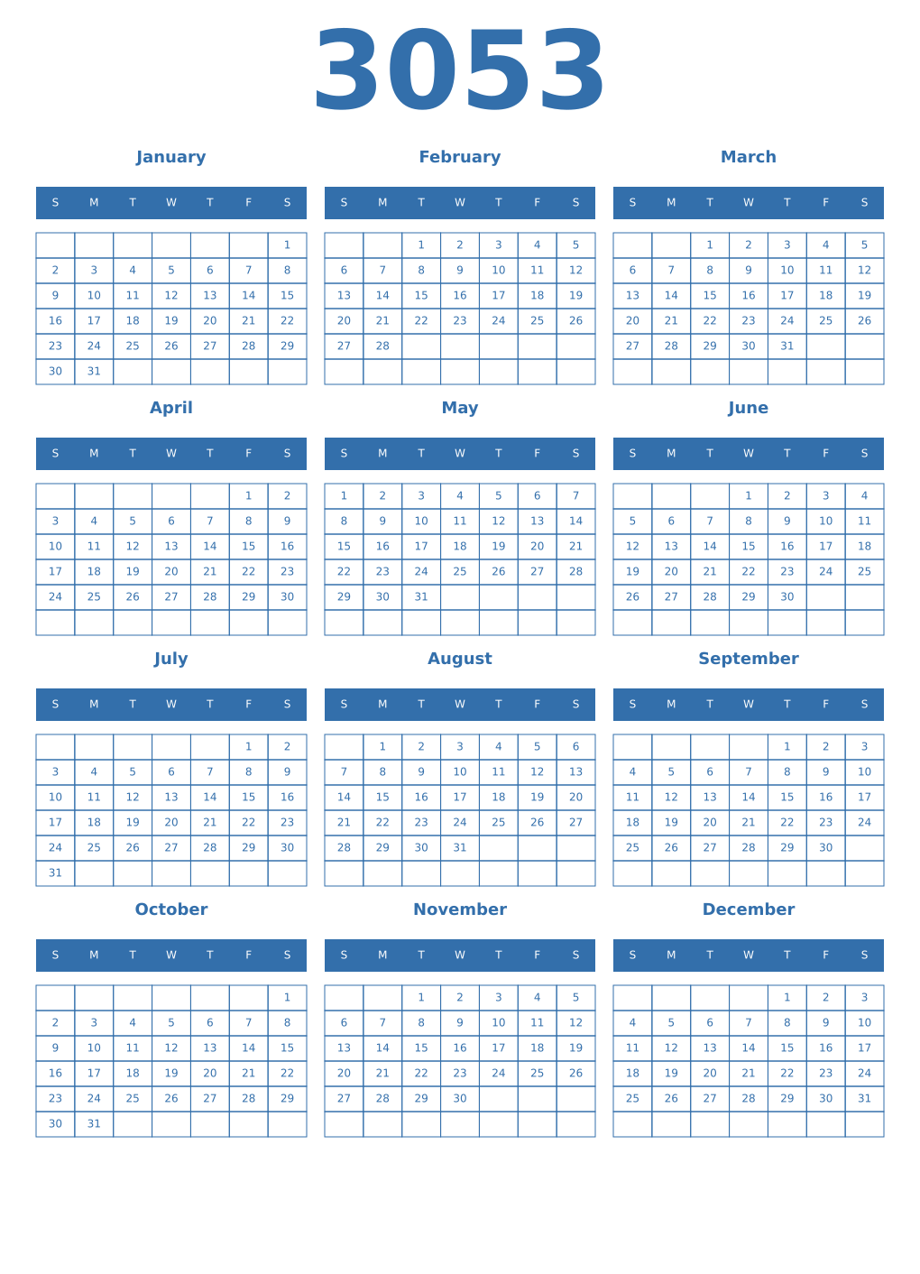 Printable 3053 Year Calendars blue