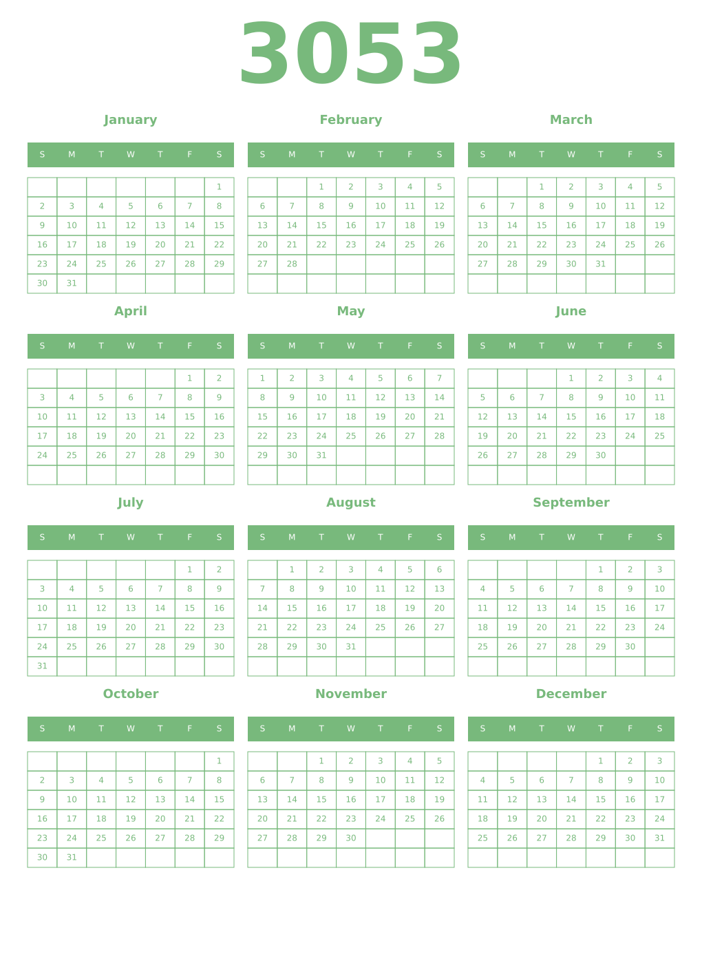 Printable 3053 Year Calendars celadon