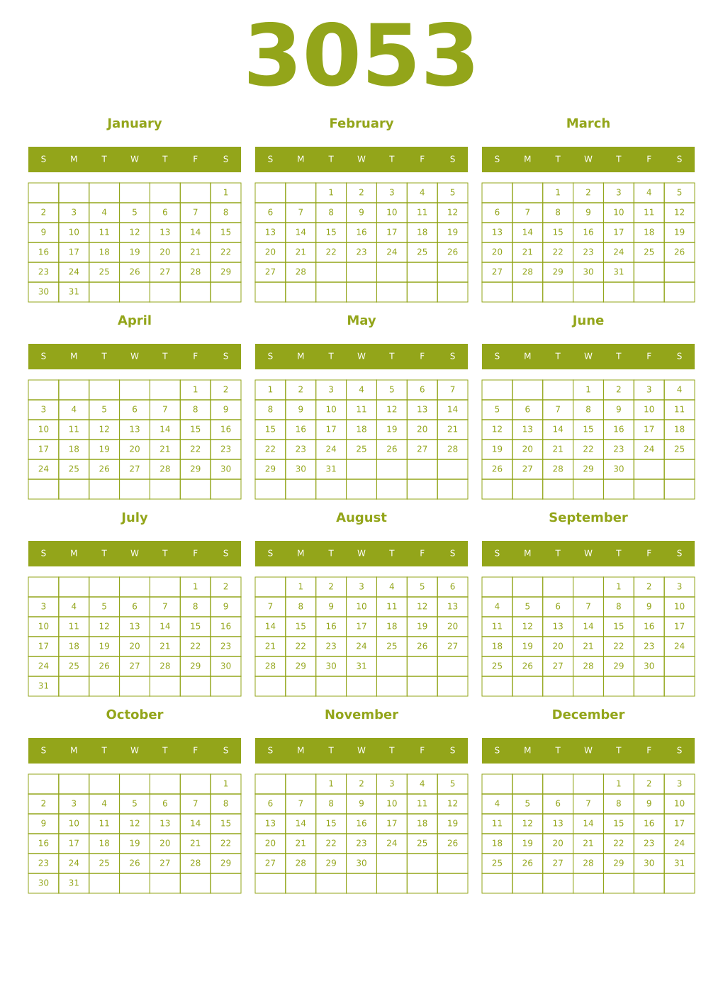 Printable 3053 Year Calendars chartreuse