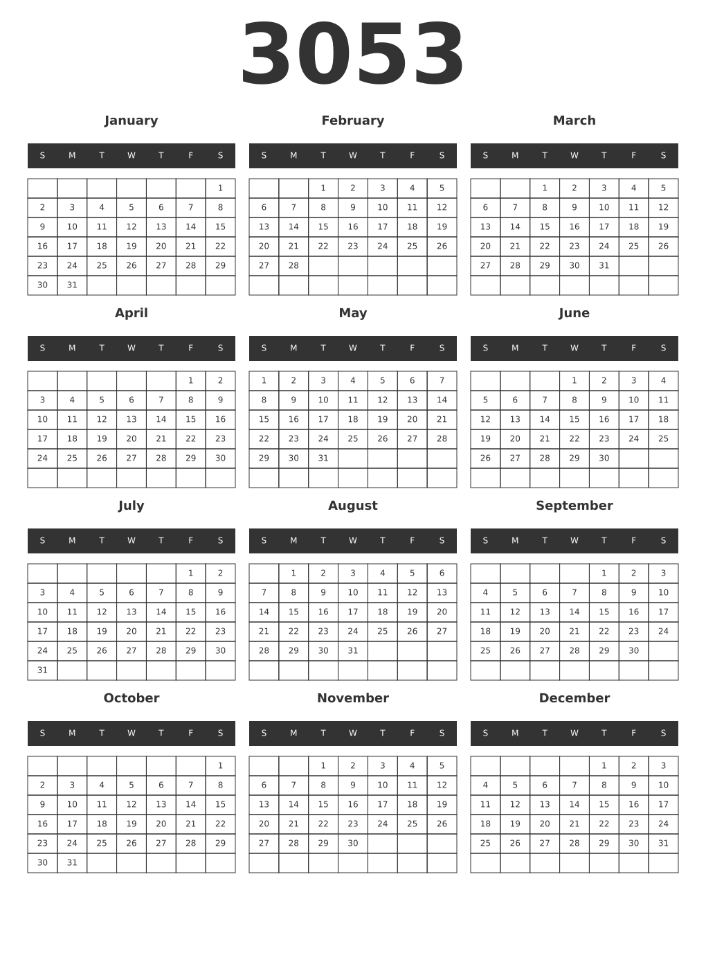 Printable 3053 Year Calendars dark