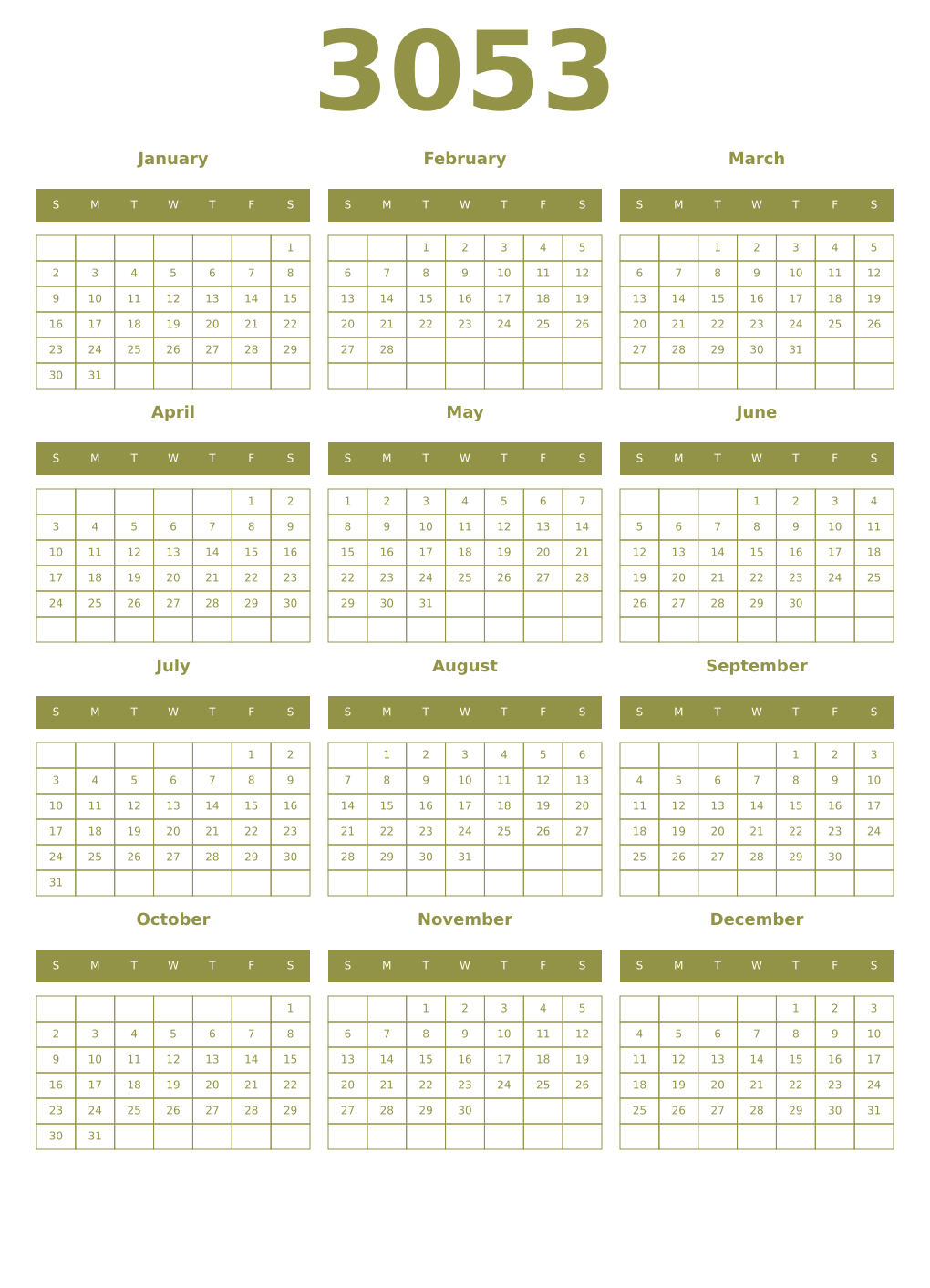Printable 3053 Year Calendars eburnean