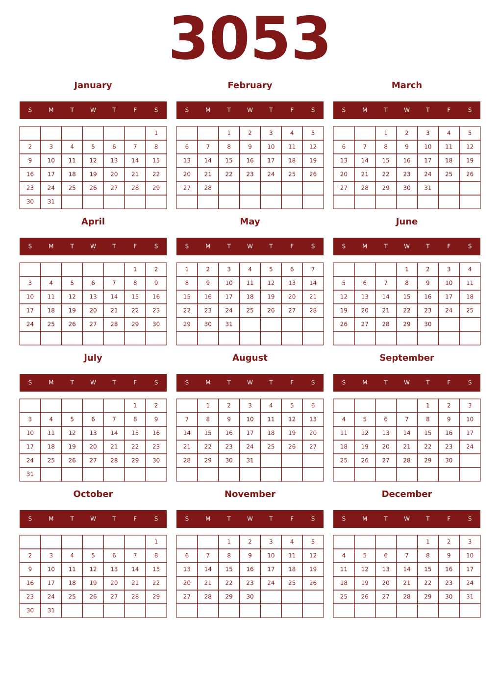 Printable 3053 Year Calendars falu