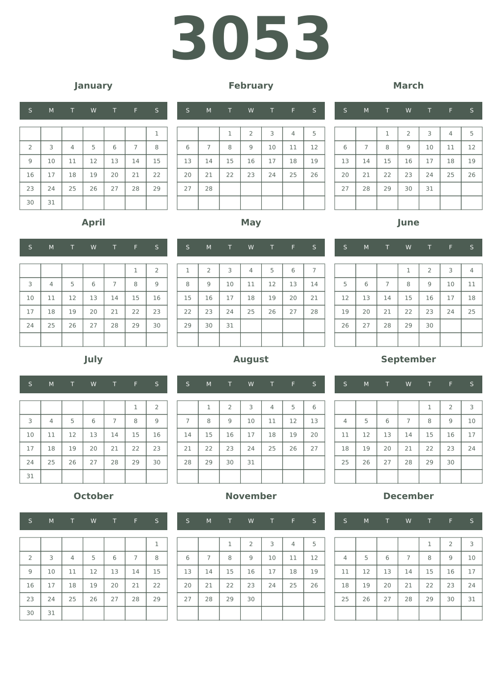 Printable 3053 Year Calendars feldgrau